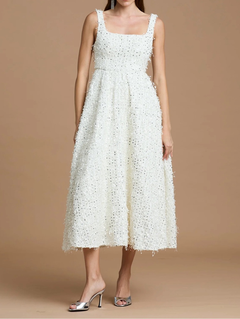 New Sonya Moda Valentino White Midi Dress Silver Sequin, Eyelash, Square Neck